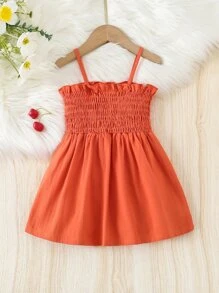 女嬰上身打攬吊帶連衣裙 - 橘色 - 查看 1