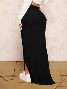 SHEIN SXY Ruched Flap Pocket Split Hem Skirt