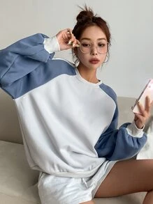 DAZY Colourblock Raglan Sleeve Contrast Tape Thermal Lined Pullover - Blue and White - View 5