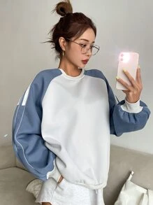 DAZY Colourblock Raglan Sleeve Contrast Tape Thermal Lined Pullover - Blue and White - View 8