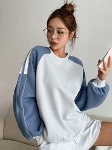 DAZY Colourblock Raglan Sleeve Contrast Tape Thermal Lined Pullover - Blue and White - View 6