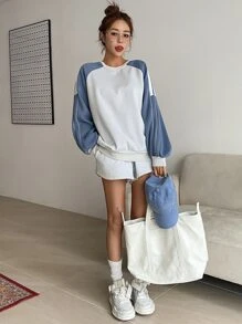 DAZY Colourblock Raglan Sleeve Contrast Tape Thermal Lined Pullover - Blue and White - View 7