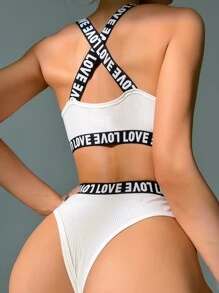 Set de lencería con cinta con letra de canalé - Blanco - Ver 2