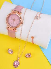1pc Rhinestone Decor Quartz Watch & 4pcs Jewelry Set - Pink - View 2