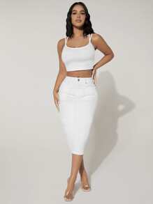 SHEIN PETITE Váy denim nữ Nút Túi Dây kéo Chia màu trơn - trắng - Xem 3