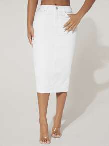 SHEIN PETITE Váy denim nữ Nút Túi Dây kéo Chia màu trơn - trắng - Xem 4