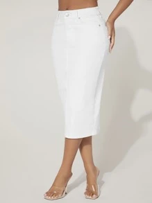 SHEIN PETITE Váy denim nữ Nút Túi Dây kéo Chia màu trơn - trắng - Xem 5