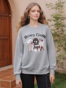 SHEIN MOD Dog & Slogan Graphic Drop Shoulder Sweatshirt - Grey - View 1