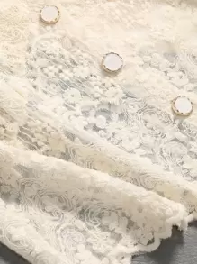 DAZY 女式扇贝边泡泡袖蕾丝衬衫、短款上衣 - 米色 - 查看 7