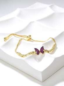 Cubic Zirconia Butterfly Decor Bracelet - Hot Pink - View 1