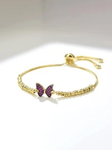 Cubic Zirconia Butterfly Decor Bracelet - Hot Pink - View 2