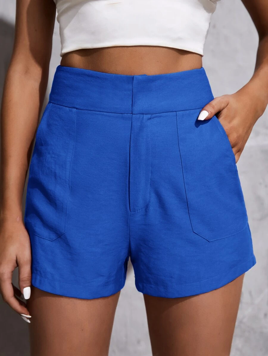 SHEIN Essnce Quần đùi nữ Túi Dây kéo màu trơn Giải trí - Xanh đậm - Xem 1