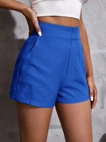 SHEIN Essnce Quần đùi nữ Túi Dây kéo màu trơn Giải trí - Xanh đậm - Xem 3