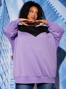 SHEIN CURVE+ Sudadera de dos tonos de hombros caídos - Multicolor - Ver 4