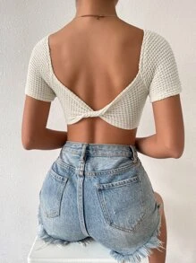 Chiquease Twist Backless Raglan Sleeve Scoop Neck Waffle Knit Crop Top - White - View 2