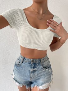 Chiquease Twist Backless Raglan Sleeve Scoop Neck Waffle Knit Crop Top - White - View 3