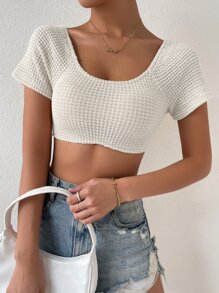 Chiquease Twist Backless Raglan Sleeve Scoop Neck Waffle Knit Crop Top - White - View 4