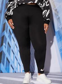 SHEIN CURVE+ Plus Letter Graphic Leggings - Black - View 5