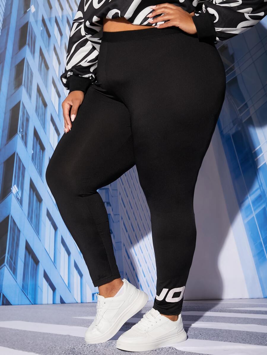 SHEIN CURVE+ Plus Letter Graphic Leggings - Black - View 1