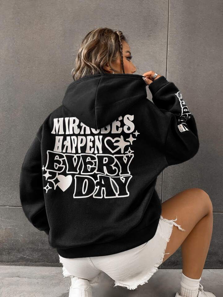 Slogan Graphic Drop Shoulder Drawstring Hoodie | SHEIN