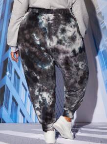 SHEIN CURVE+ Pantalones de chándal con cintura con cordón y estampado de teñido anudado para tallas grandes - Multicolor - Ver 2