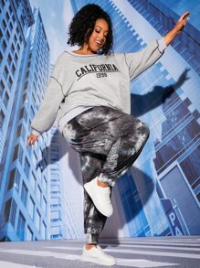 SHEIN CURVE+ Pantalones de chándal con cintura con cordón y estampado de teñido anudado para tallas grandes - Multicolor - Ver 4