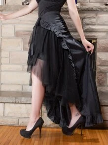 Scarlet Darkness Ruched Ruffle Trim Contrast Mesh High Low Skirt - Black - View 4