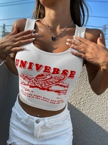 SHEIN Unity 飛船和標語圖案背心上衣 - 白色 - 查看 3