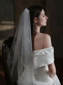 仿珍珠装饰新娘头纱秋季女装情人节配饰 - 白色 - 查看 2