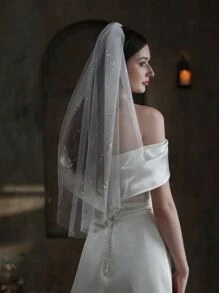 仿珍珠装饰新娘头纱秋季女装情人节配饰 - 白色 - 查看 6