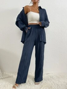 RueChic Drop Shoulder Shirt & Trousers - Navy Blue - View 4