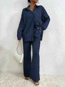 RueChic Drop Shoulder Shirt & Trousers - Navy Blue - View 5