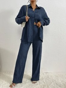 RueChic Drop Shoulder Shirt & Trousers - Navy Blue - View 7