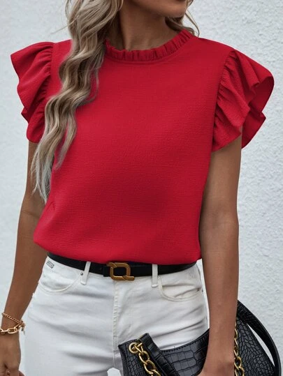 Chiquease Mock Neck Frill Trim Ruffle Blus För nyårskläder