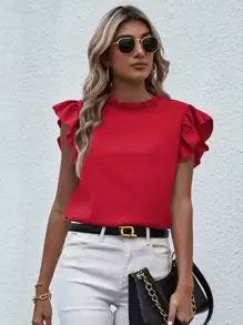 Chiquease Mock Neck Frill Trim Ruffle Blouse For New Year Clothes - Red - View 3