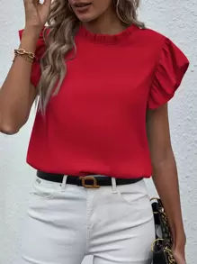 Chiquease Mock Neck Frill Trim Ruffle Blouse For New Year Clothes - Red - View 7