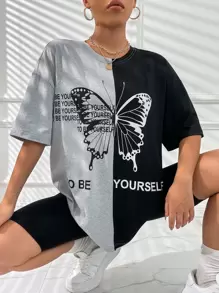 Flirla Camiseta gráfica con estampado de lema y mariposa de hombro caído para mujeres - Multicolor - Ver 3