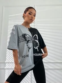 Flirla Camiseta gráfica con estampado de lema y mariposa de hombro caído para mujeres - Multicolor - Ver 4