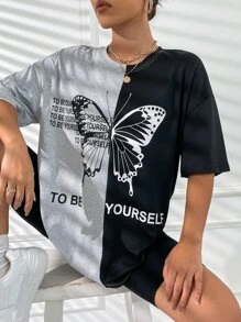 Flirla Camiseta gráfica con estampado de lema y mariposa de hombro caído para mujeres - Multicolor - Ver 5