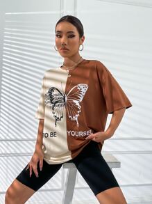 SHEIN ChicEase Camiseta de hombros caídos con estampado de slogan y mariposa - Multicolor - Ver 4