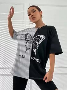 Flirla Camiseta gráfica con estampado de lema y mariposa de hombro caído para mujeres - Multicolor - Ver 6