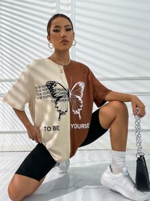 SHEIN ChicEase Camiseta de hombros caídos con estampado de slogan y mariposa - Multicolor - Ver 6