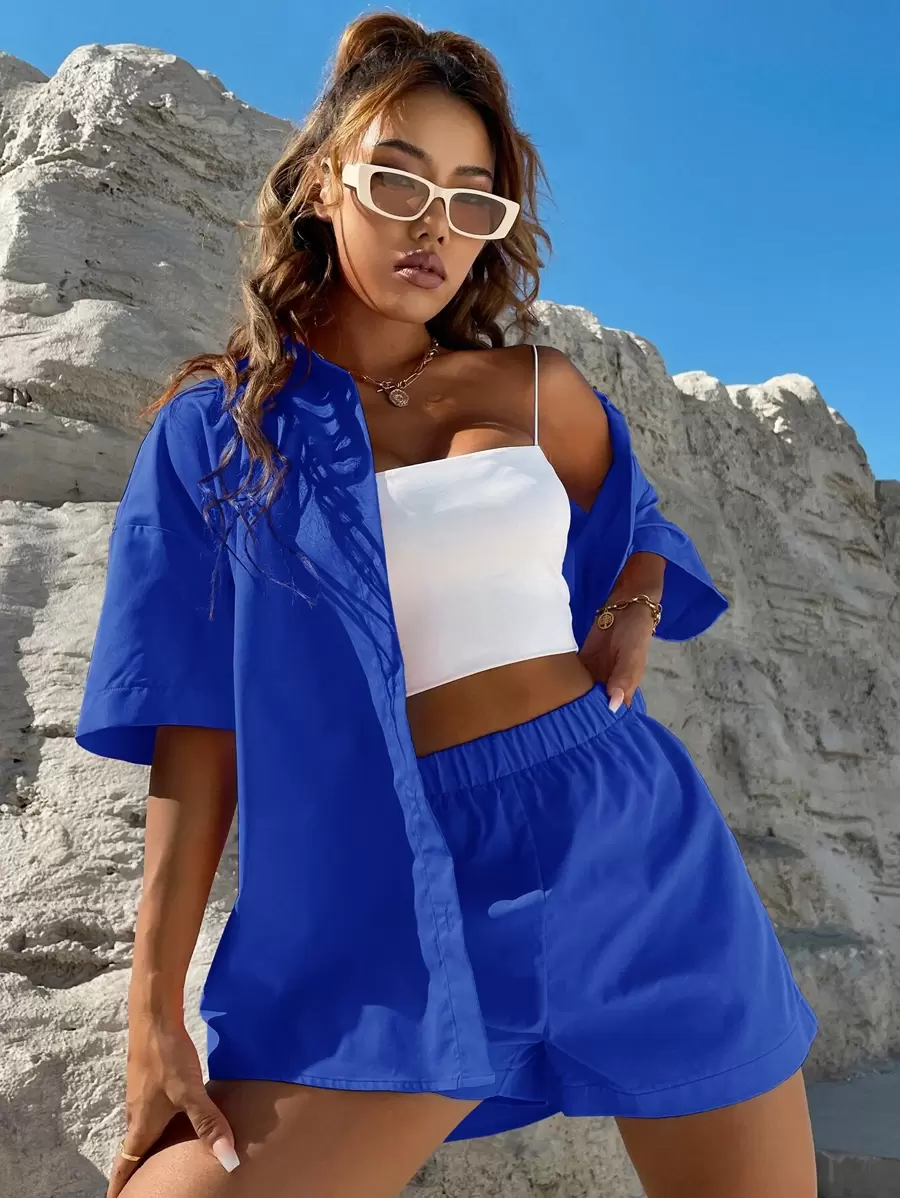 SHEIN Unity Solid Button Through Drop Shoulder Shirt & Shorts - Royal Blue - View 1