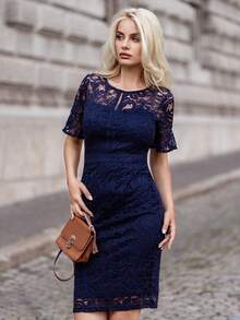 MIUSOL Đầm tiệc rượu Tay áo hình chuông Lớp phủ ren - Màu xanh hải quân - Xem 6