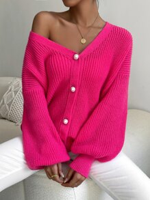 SHEIN LUNE 落肩袖前紐扣開襟衫 - 玫紅色 - 查看 4