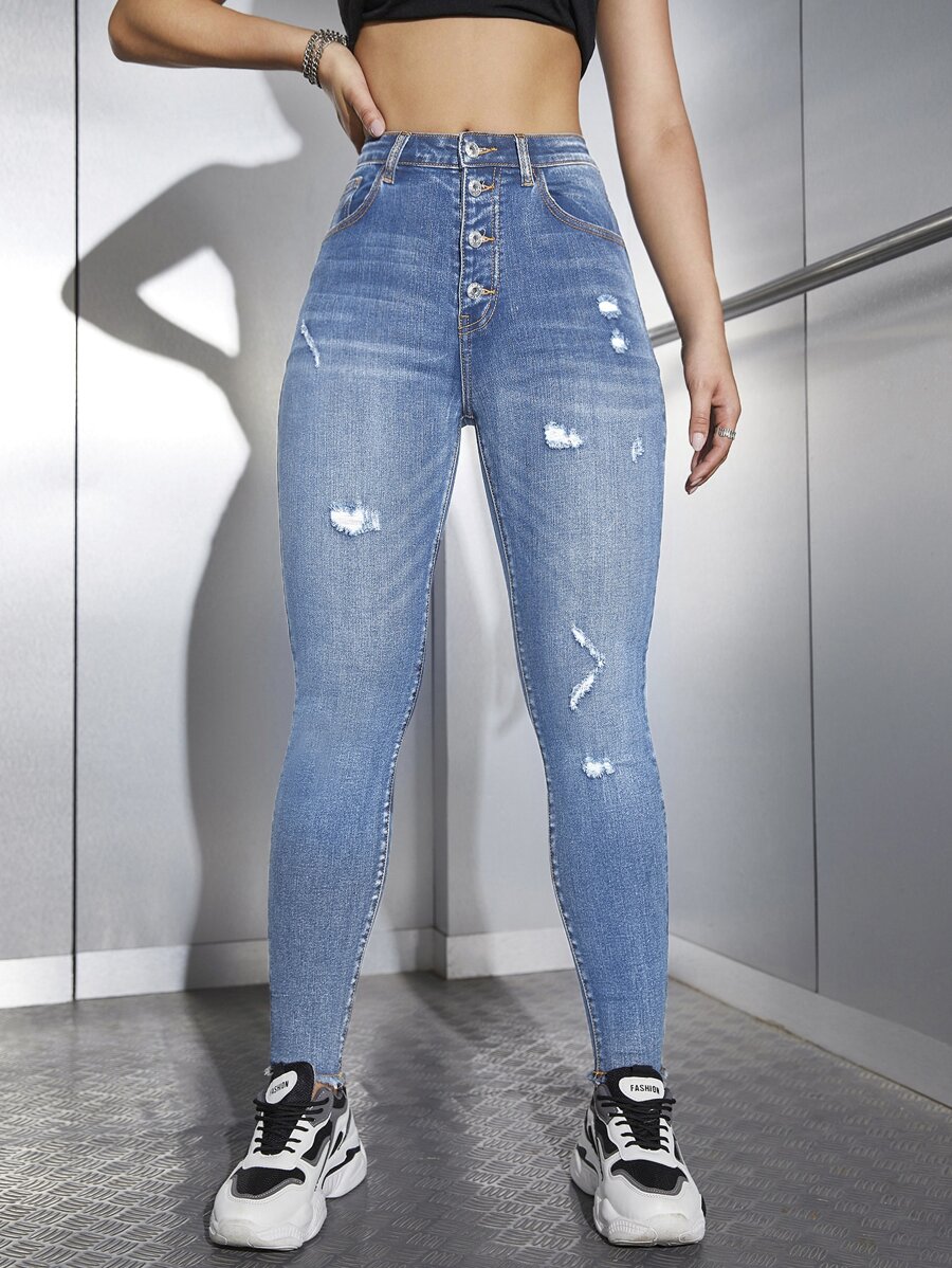 SHEIN EZwear 高腰紐扣門襟破洞緊身牛仔褲 - 中等水洗藍 - 查看 1