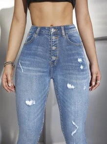SHEIN EZwear 高腰紐扣門襟破洞緊身牛仔褲 - 中等水洗藍 - 查看 5