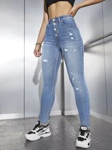 SHEIN EZwear 高腰紐扣門襟破洞緊身牛仔褲 - 中等水洗藍 - 查看 6