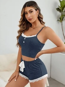 Contrast Lace Tie Front Cami PJ Set / Pajama Set Holiday Season - Navy Blue - View 4