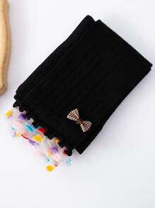 Toddler Girls Dot Mesh Panel Bow Decor Lettuce Trim Tights - Black - View 2